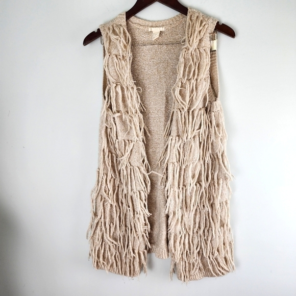 H&M Beige Shaggy Tassel Boho Hippy Festival Long Open Fringe Sweater Size Small - Picture 2 of 11